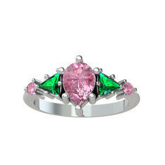 Issey 5 Taş Yüzük - Pembe kuvars ve yeşil kuvars 8 ayar beyaz altın yüzük #l545ty