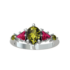 Peridot ve rodolit garnet 14 ayar beyaz altın yüzük