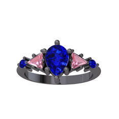 Lab safir ve pembe kuvars 925 ayar siyah rodyum kaplama gümüş yüzük