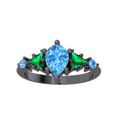 Issey 5 Taş Yüzük - Akuamarin ve yeşil kuvars 925 ayar siyah rodyum kaplama gümüş yüzük #mq2475