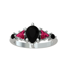 Issey 5 Taş Yüzük - Siyah zirkon ve rodolit garnet 8 ayar beyaz altın yüzük #n4714