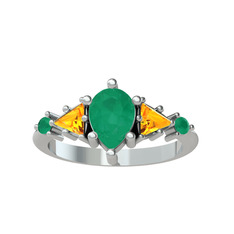 Issey 5 Taş Yüzük - Kök zümrüt ve sitrin 14 ayar beyaz altın yüzük #oh01ef