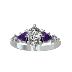 Issey 5 Taş Yüzük - Swarovski ve ametist 14 ayar beyaz altın yüzük #omchuj