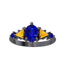 Issey 5 Taş Yüzük - Lab safir ve sitrin 925 ayar siyah rodyum kaplama gümüş yüzük #qkzf44