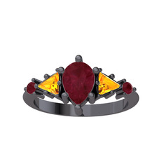 Issey 5 Taş Yüzük - Kök yakut ve sitrin 925 ayar siyah rodyum kaplama gümüş yüzük #qrf4an