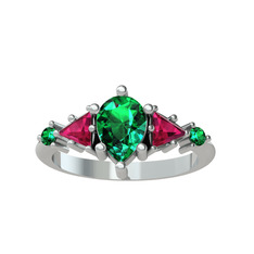 Issey 5 Taş Yüzük - Yeşil kuvars ve rodolit garnet 8 ayar beyaz altın yüzük #r0br98