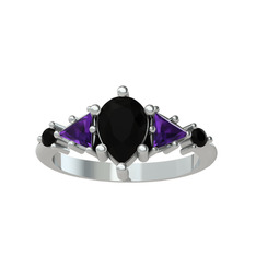 Issey 5 Taş Yüzük - Siyah zirkon ve ametist 18 ayar beyaz altın yüzük #rp18d0