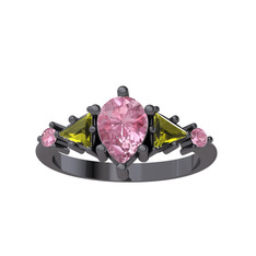 Issey 5 Taş Yüzük - Pembe kuvars ve peridot 925 ayar siyah rodyum kaplama gümüş yüzük #saezcv