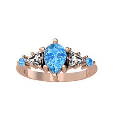 Issey 5 Taş Yüzük - Akuamarin ve beyaz zirkon 925 ayar rose altın kaplama gümüş yüzük #u187w