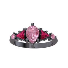 Issey 5 Taş Yüzük - Pembe kuvars ve rodolit garnet 925 ayar siyah rodyum kaplama gümüş yüzük #wc2492
