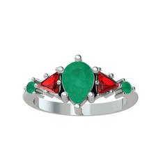 Issey 5 Taş Yüzük - Kök zümrüt ve garnet 8 ayar beyaz altın yüzük #zgl93a