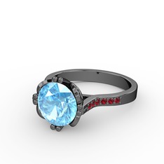 Akuamarin ve garnet 925 ayar siyah rodyum kaplama gümüş yüzük