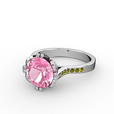 Serene Tektaş Yüzük - Pembe kuvars ve peridot 8 ayar beyaz altın yüzük #15hga6y