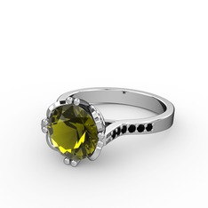 Serene Tektaş Yüzük - Peridot ve siyah zirkon 14 ayar beyaz altın yüzük #1ch79kw