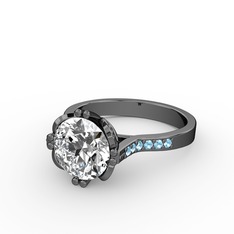 Swarovski ve akuamarin 925 ayar siyah rodyum kaplama gümüş yüzük
