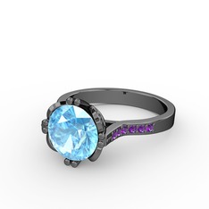 Serene Tektaş Yüzük - Akuamarin ve ametist 925 ayar siyah rodyum kaplama gümüş yüzük #1yt64ao