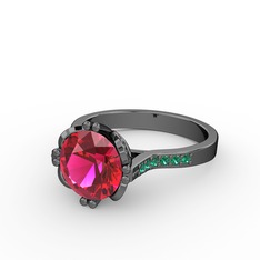 Rodolit garnet ve yeşil kuvars 925 ayar siyah rodyum kaplama gümüş yüzük