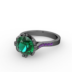 Serene Tektaş Yüzük - Yeşil kuvars ve ametist 925 ayar siyah rodyum kaplama gümüş yüzük #7giyp2