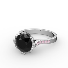 Serene Tektaş Yüzük - Siyah zirkon ve pembe kuvars 8 ayar beyaz altın yüzük #fqg0kz