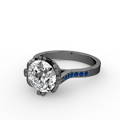 Serene Tektaş Yüzük - Swarovski ve lab safir 925 ayar siyah rodyum kaplama gümüş yüzük #ov2fcr