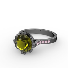 Serene Tektaş Yüzük - Peridot ve pembe kuvars 925 ayar siyah rodyum kaplama gümüş yüzük #pm6w6c