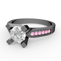 Edina Tektaş Yüzük - Pırlanta ve pembe kuvars 925 ayar siyah rodyum kaplama gümüş yüzük (0.66 karat) #1dm7j5y