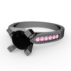 Edina Tektaş Yüzük - Siyah zirkon ve pembe kuvars 925 ayar siyah rodyum kaplama gümüş yüzük #7146ka