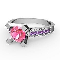 Edina Tektaş Yüzük - Pembe kuvars ve ametist 8 ayar beyaz altın yüzük #966ocp