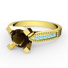 Dumanlı kuvars ve akuamarin 14 ayar altın yüzük