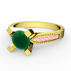 Kök zümrüt ve pembe kuvars 14 ayar altın yüzük