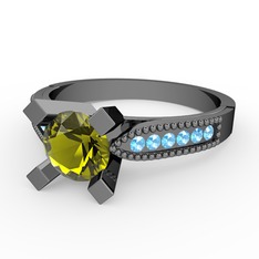 Peridot ve akuamarin 925 ayar siyah rodyum kaplama gümüş yüzük