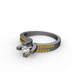 Lucid Tektaş Yüzük - Swarovski ve sitrin 925 ayar siyah rodyum kaplama gümüş yüzük #10w54v6