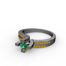 Lucid Tektaş Yüzük - Yeşil kuvars ve sitrin 925 ayar siyah rodyum kaplama gümüş yüzük #13l3vs3