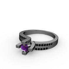 Lucid Tektaş Yüzük - Ametist ve siyah zirkon 925 ayar siyah rodyum kaplama gümüş yüzük #1541iwb