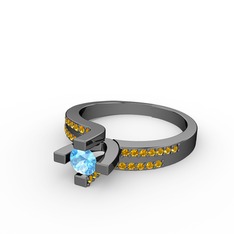 Lucid Tektaş Yüzük - Akuamarin ve sitrin 925 ayar siyah rodyum kaplama gümüş yüzük #18hmu2z