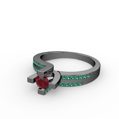 Lucid Tektaş Yüzük - Garnet ve yeşil kuvars 925 ayar siyah rodyum kaplama gümüş yüzük #192gddu