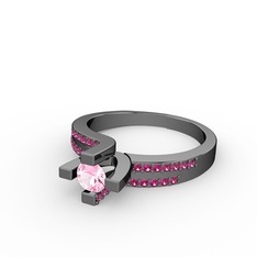 Lucid Tektaş Yüzük - Pembe kuvars ve rodolit garnet 925 ayar siyah rodyum kaplama gümüş yüzük #1gxd5k4