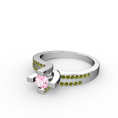 Lucid Tektaş Yüzük - Pembe kuvars ve peridot 8 ayar beyaz altın yüzük #1klyc72