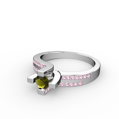 Peridot ve pembe kuvars 14 ayar beyaz altın yüzük