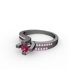 Lucid Tektaş Yüzük - Rodolit garnet ve pembe kuvars 925 ayar siyah rodyum kaplama gümüş yüzük #2qrquk