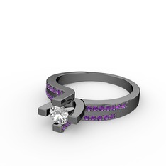 Lucid Tektaş Yüzük - Swarovski ve ametist 925 ayar siyah rodyum kaplama gümüş yüzük #59mr2l
