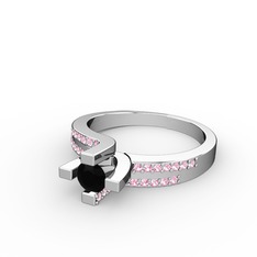 Lucid Tektaş Yüzük - Siyah zirkon ve pembe kuvars 14 ayar beyaz altın yüzük #7oy9jh