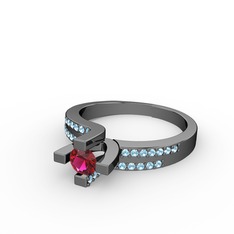 Rodolit garnet ve akuamarin 925 ayar siyah rodyum kaplama gümüş yüzük