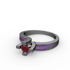 Lucid Tektaş Yüzük - Garnet ve ametist 925 ayar siyah rodyum kaplama gümüş yüzük #g1744t