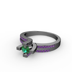 Yeşil kuvars ve ametist 925 ayar siyah rodyum kaplama gümüş yüzük