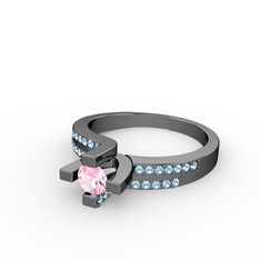 Lucid Tektaş Yüzük - Pembe kuvars ve akuamarin 925 ayar siyah rodyum kaplama gümüş yüzük #wm3y6m