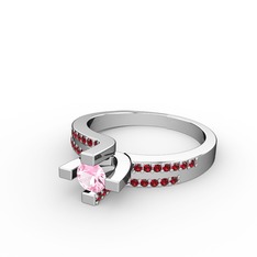 Pembe kuvars ve garnet 14 ayar beyaz altın yüzük