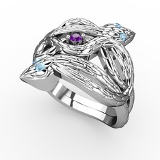 Ametist ve akuamarin 8 ayar beyaz altın yüzük