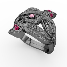 Pembe kuvars ve rodolit garnet 925 ayar siyah rodyum kaplama gümüş yüzük