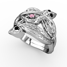 Vipera Yüzük - Pembe kuvars ve siyah zirkon 14 ayar beyaz altın yüzük #175azif